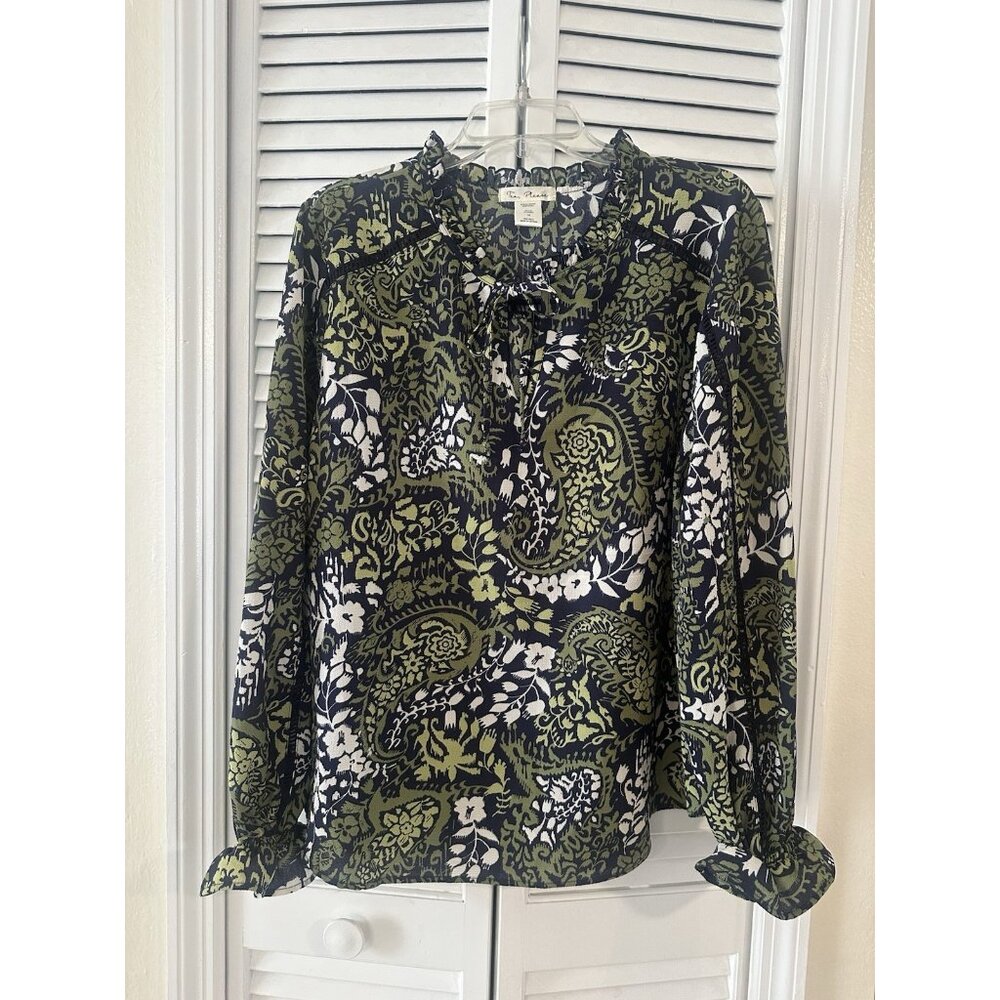 Tea Please Peasant Womens 1X Green Black Balloon Sleeves Boho Blouse Top